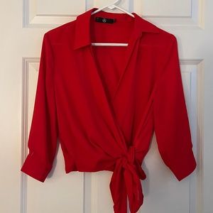 Collared Tie Front Blouse in Red